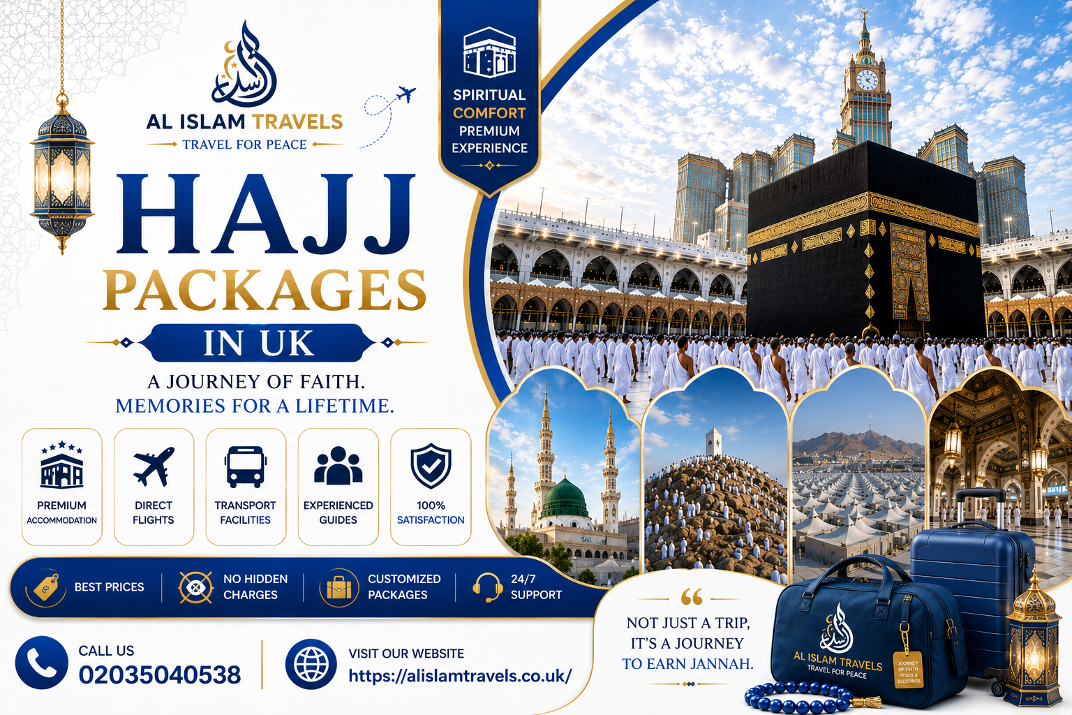 Hajj Packages in the UK by Al Islam Travels featuring the Kaaba, premium accommodation, direct flights, transport, experienced guides, and complete Hajj travel services.