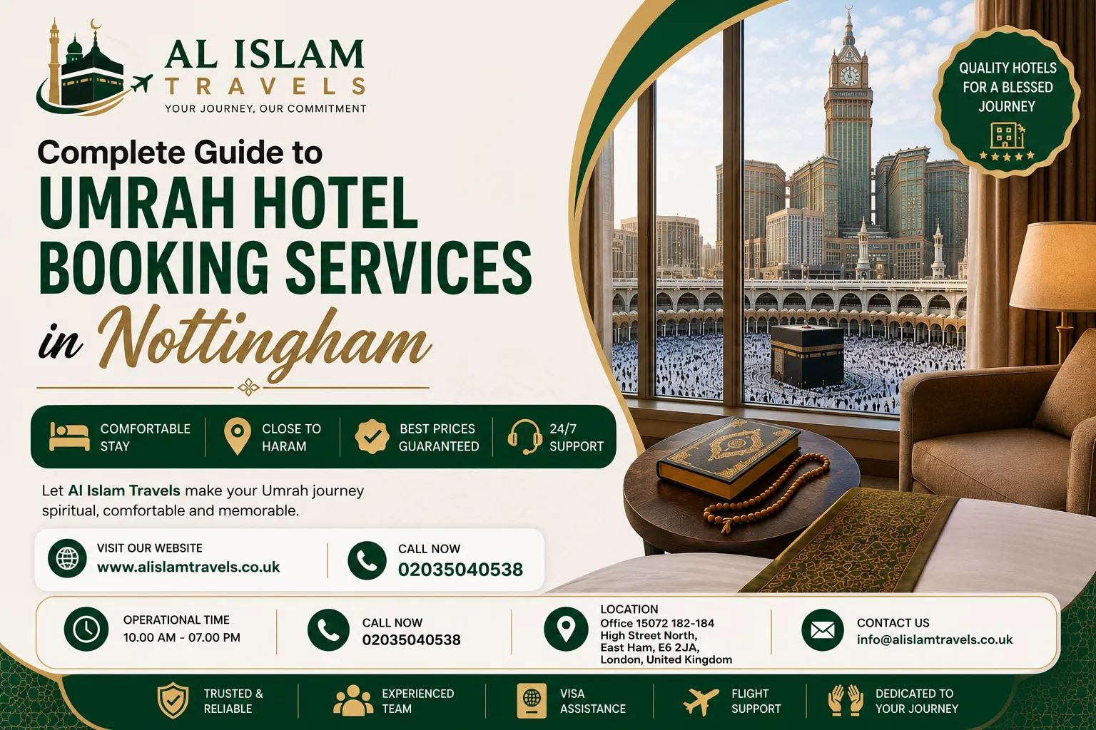 Al Islam Travels banner promoting Umrah hotel booking services in Nottingham with contact details.