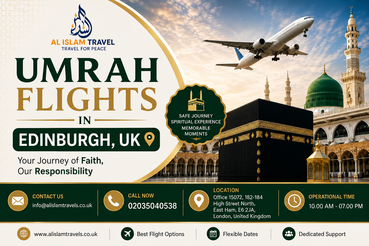 Al Islam Travels Umrah flights from Edinburgh, UK promotional banner.