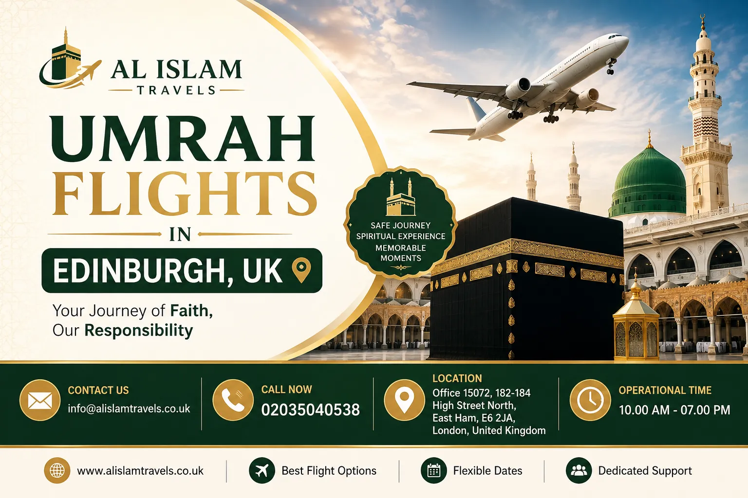 Al Islam Travels Umrah flights from Edinburgh, UK promotional banner.