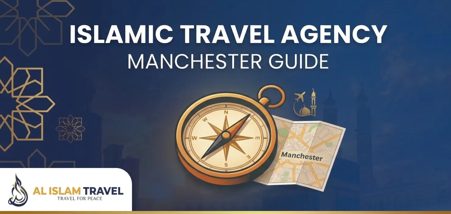 Islamic Travel Agency Manchester Guide thumbnail with Al Islam Travel logo, compass, and city map.